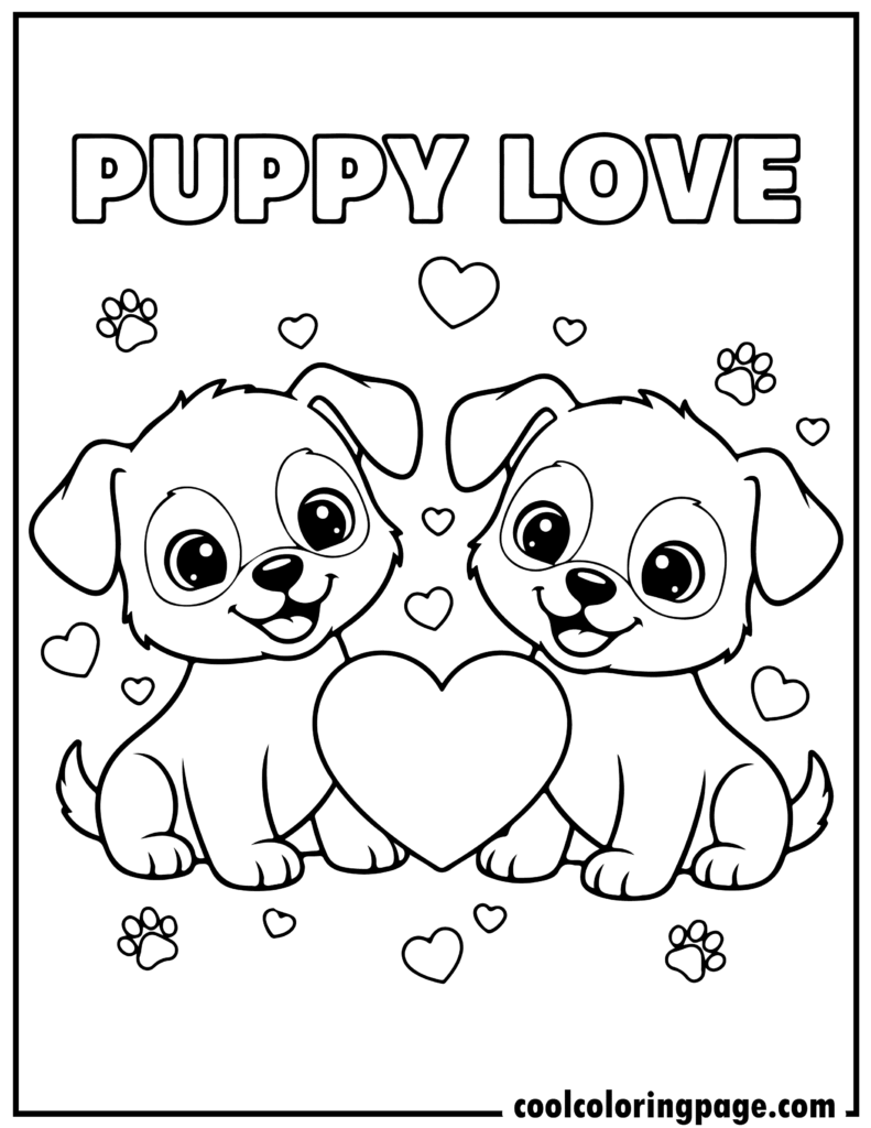 Valentine's Day coloring pages featuring cute puppies with hearts, perfect for cute coloring pages for valentines day and Valentines Day coloring pages for kids.