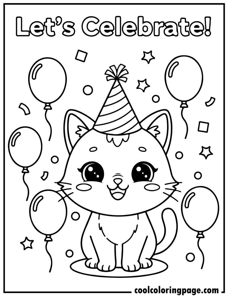 Cute cat coloring pages featuring a party kitten with balloons and confetti, fun free cat coloring pages