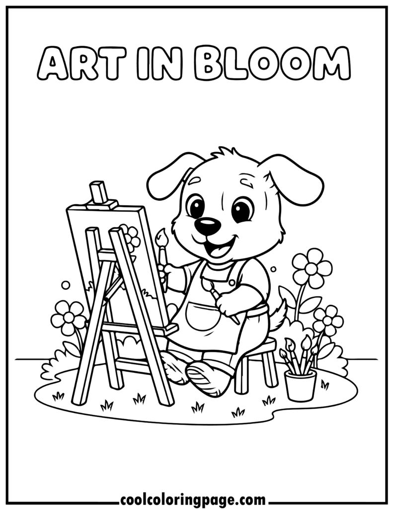 Dog man coloring pages of a dog painting flowers on a canvas, cute dog coloring pages