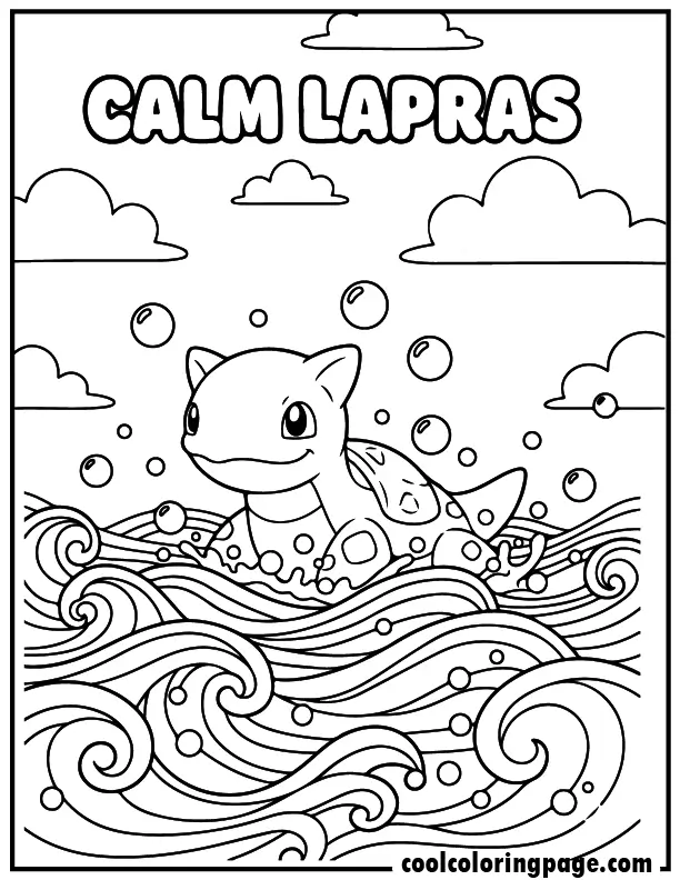 Printable pokemon coloring pages of Lapras swimming calmly, peaceful pokemon coloring pages printable for relaxation.
