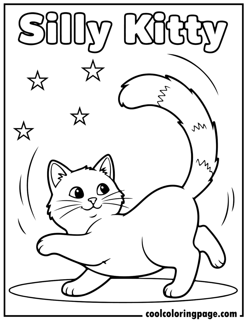 Silly kitty chasing its tail in kitty cat coloring pages, fun kitty coloring activities with bold outlines.