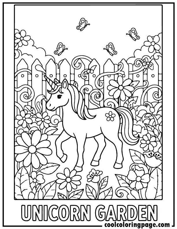 Unicorn coloring pages featuring a unicorn in a flower garden, coloring pages of unicorns for all ages.