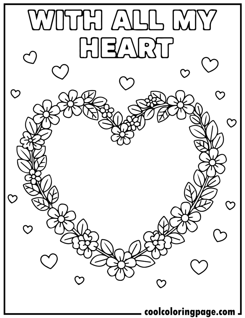 Valentine's Day coloring pages showing a heart-shaped wreath, great for simple love coloring pages and valentines day coloring page printables.
