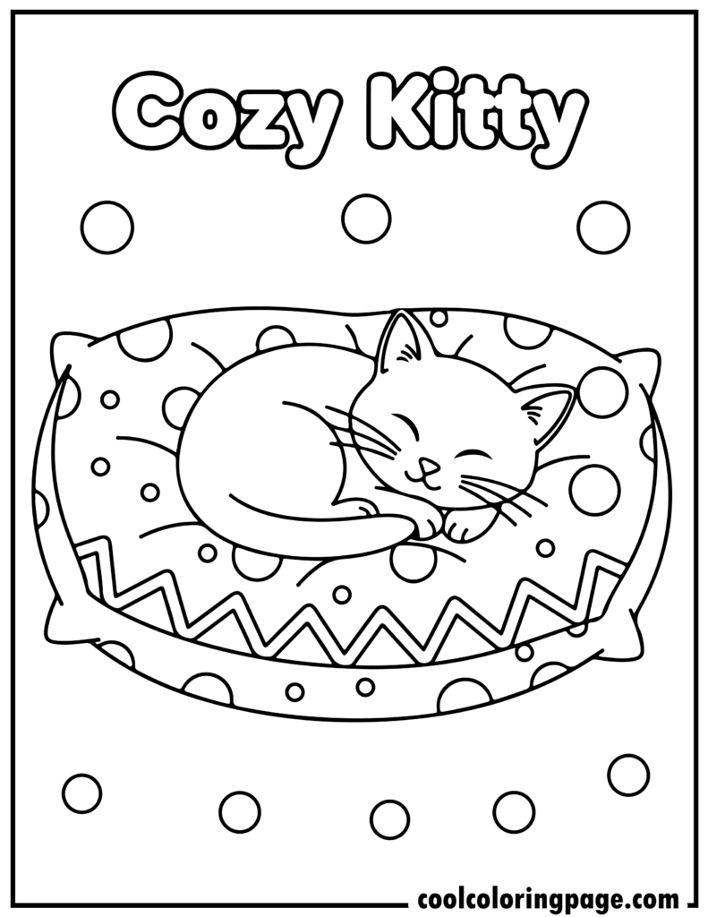 Cozy kitty relaxing on a cushion in kitty cat coloring pages, simple kitten coloring pages for all ages.