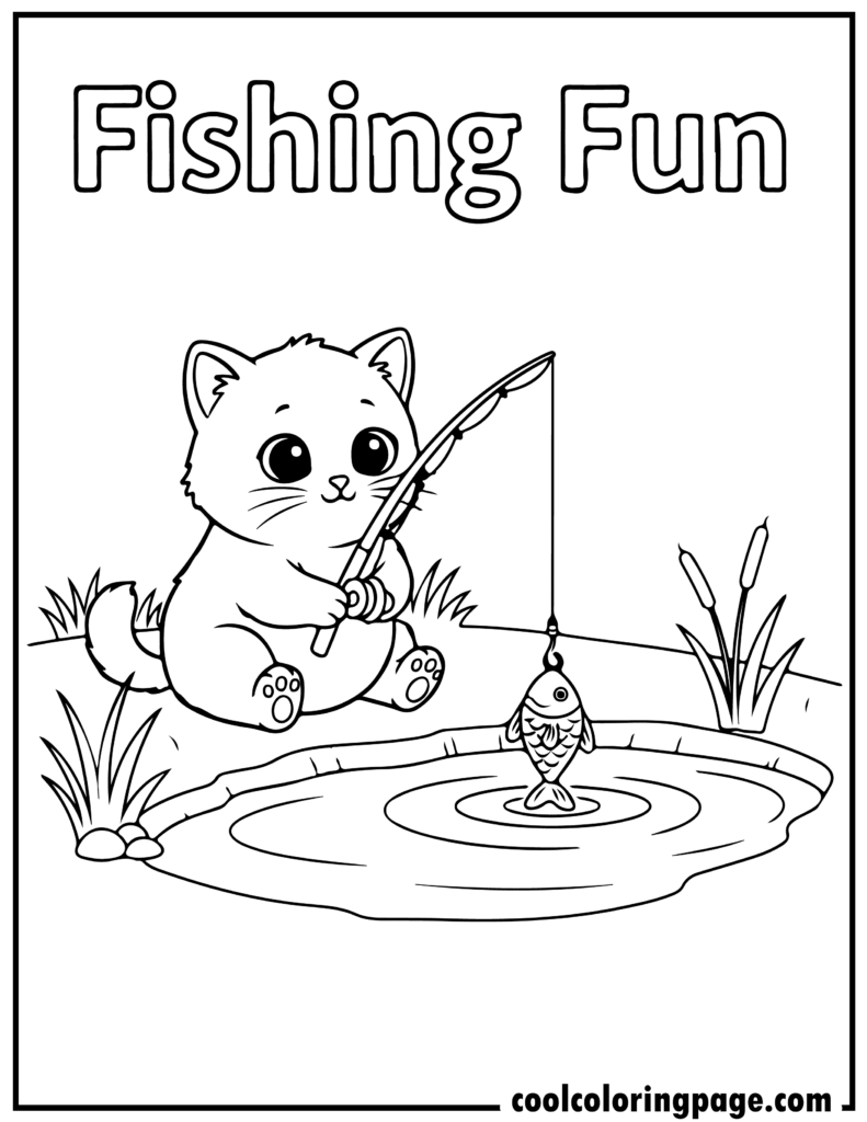 Cute cat coloring pages showing a kitten fishing by a pond, playful cat coloring page scene