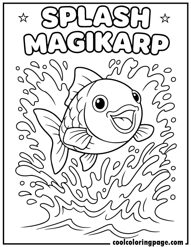Printable pokemon coloring pages featuring Magikarp jumping with water splashes, classic pokemon coloring page to print and color.