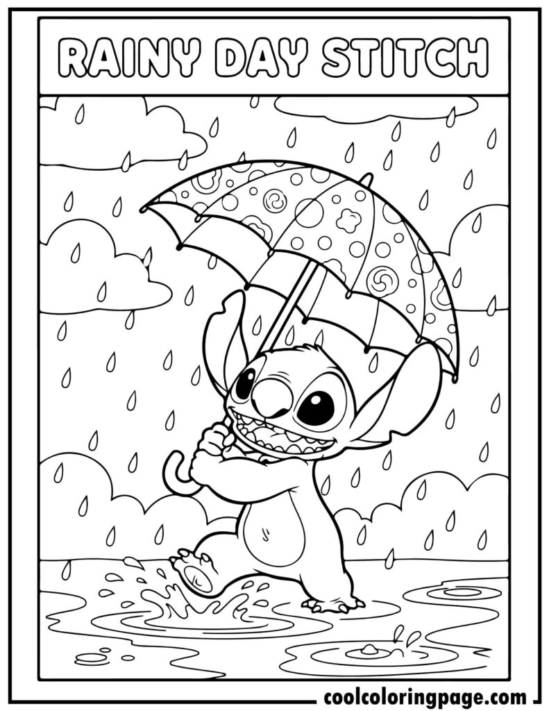 Stitch coloring pages showing Stitch with an umbrella on a rainy day, cozy stitch coloring page and coloring pages of stitch.