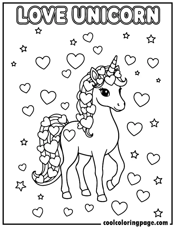 Unicorn coloring pages with a heart mane unicorn, cute unicorn coloring pages with bold outlines.