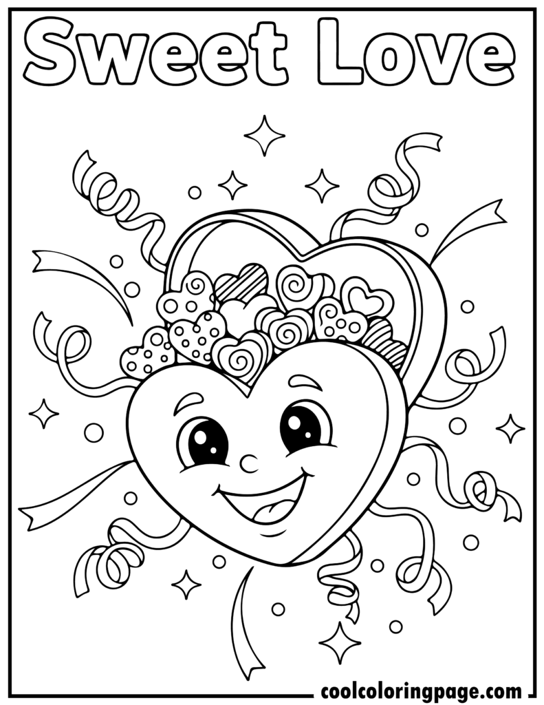 Valentine's Day coloring pages featuring a chocolate box with hearts, ideal for cute valentines day coloring pages and free valentines day coloring pages.