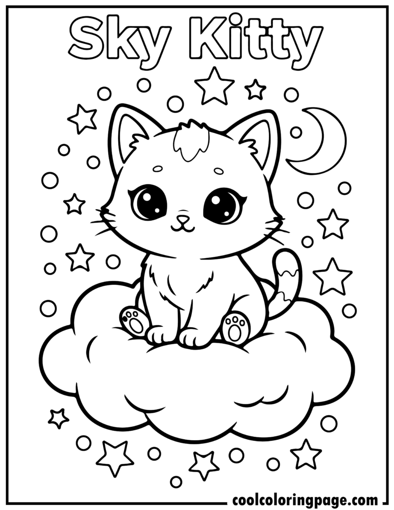 Cute cat coloring pages featuring a kitten sitting on a cloud with stars, dreamy coloring pages cat