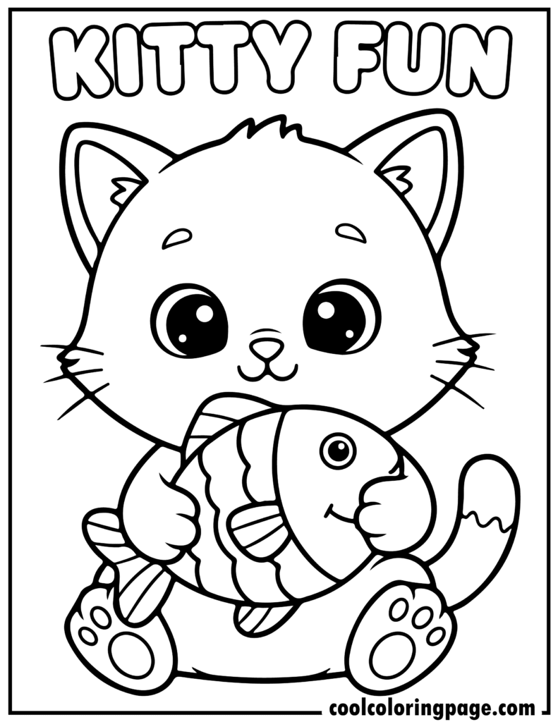 Kitty playing with fish toy in kitty cat coloring pages, cute kitty cat coloring pages with low detail.
