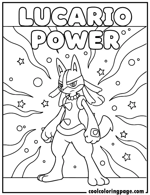 Printable pokemon coloring pages of Lucario with energy waves, dynamic pokemon coloring pages printable with bold outlines.