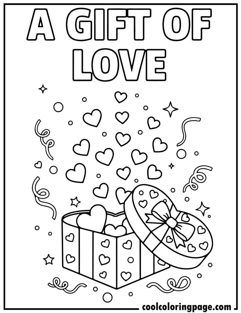 Valentine's Day coloring pages with an open heart gift box, perfect for cute heart coloring pages and Valentines day color pages.
