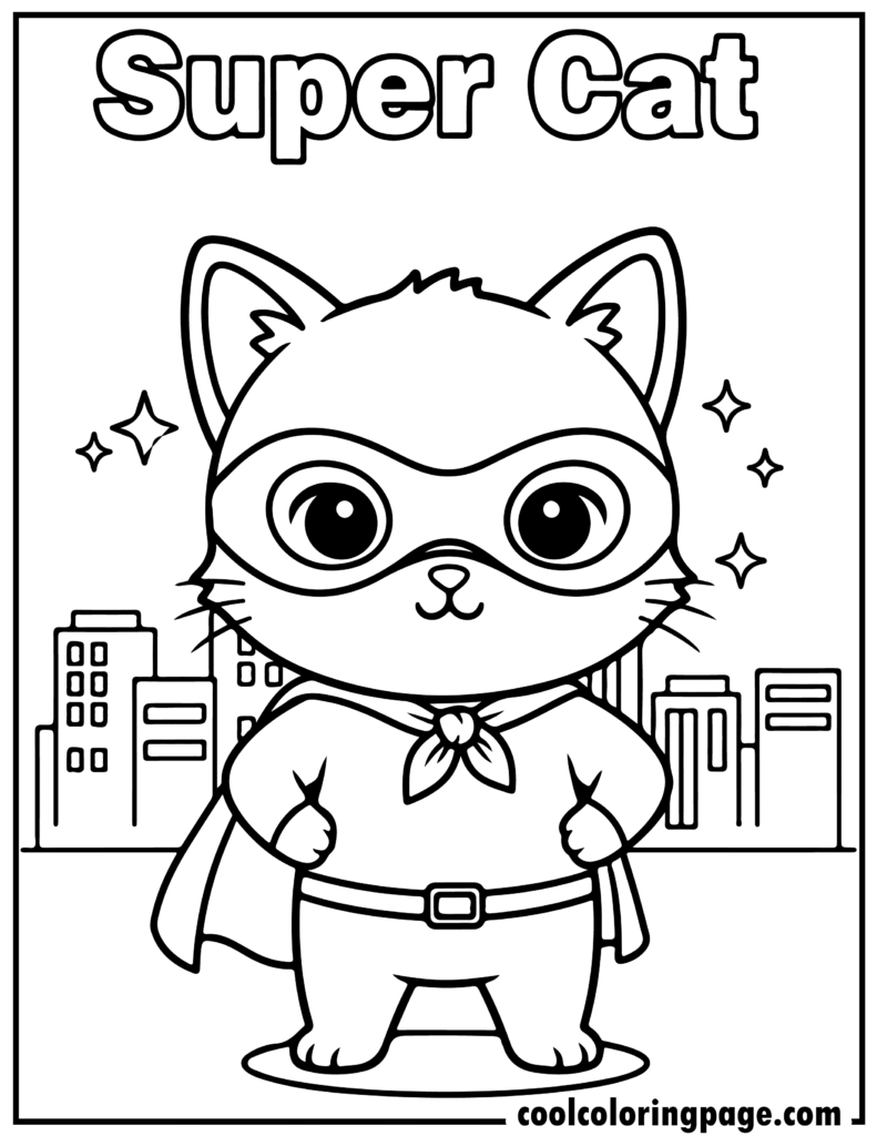 Cute cat coloring pages showing a superhero kitten wearing a cape, fun free cat coloring pages