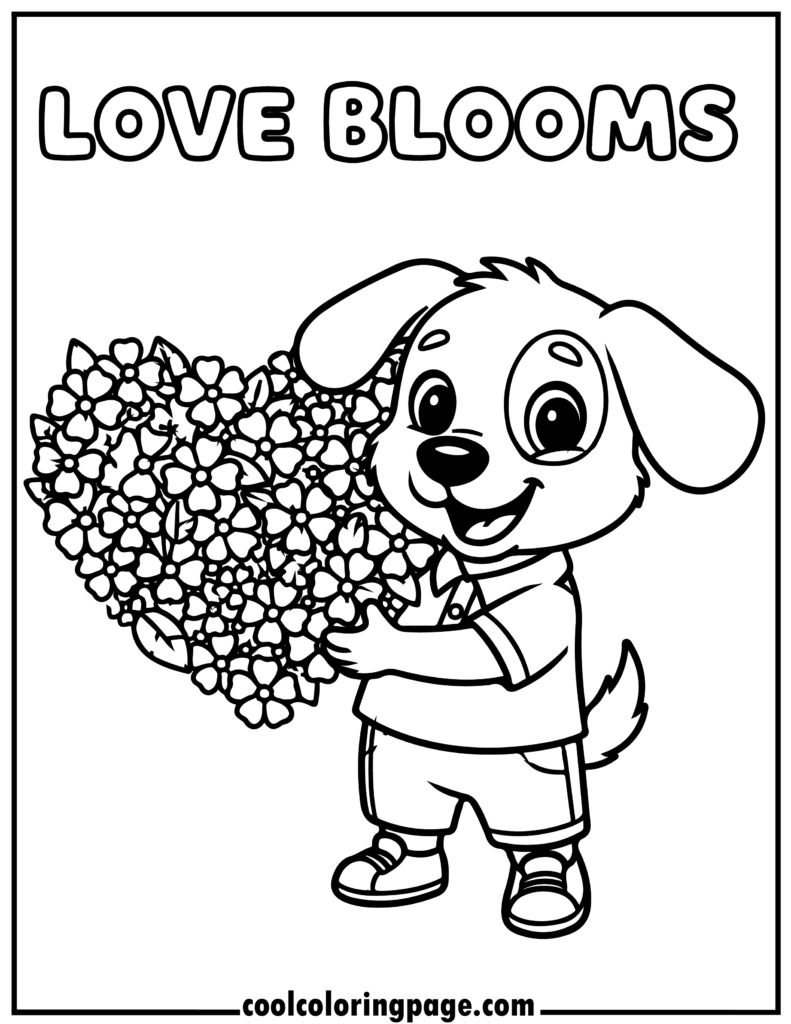 Dog man coloring pages showing a dog holding a heart-shaped flower, cute dog coloring pages