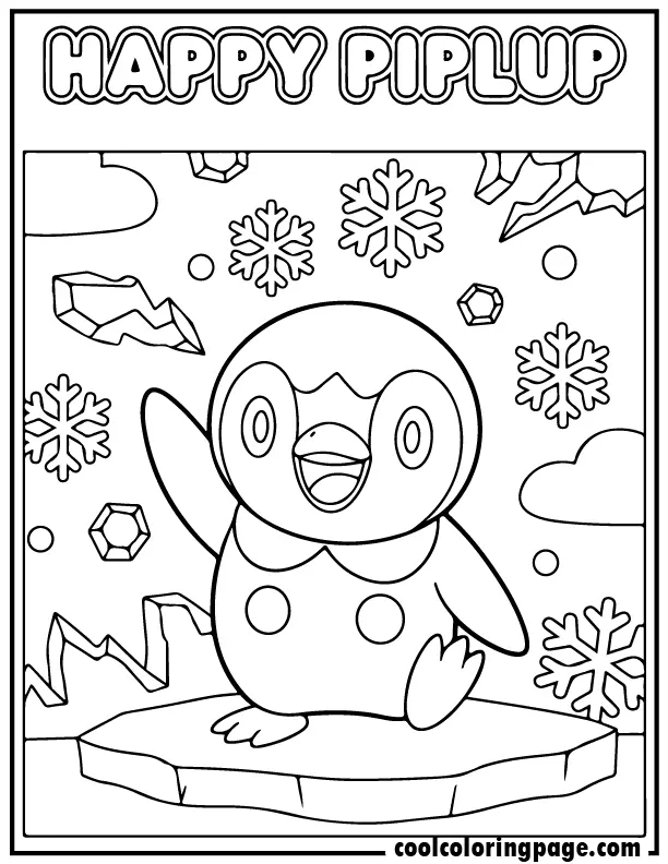 Printable pokemon coloring pages featuring happy Piplup with snowflakes, cute pokemon coloring pages to print.