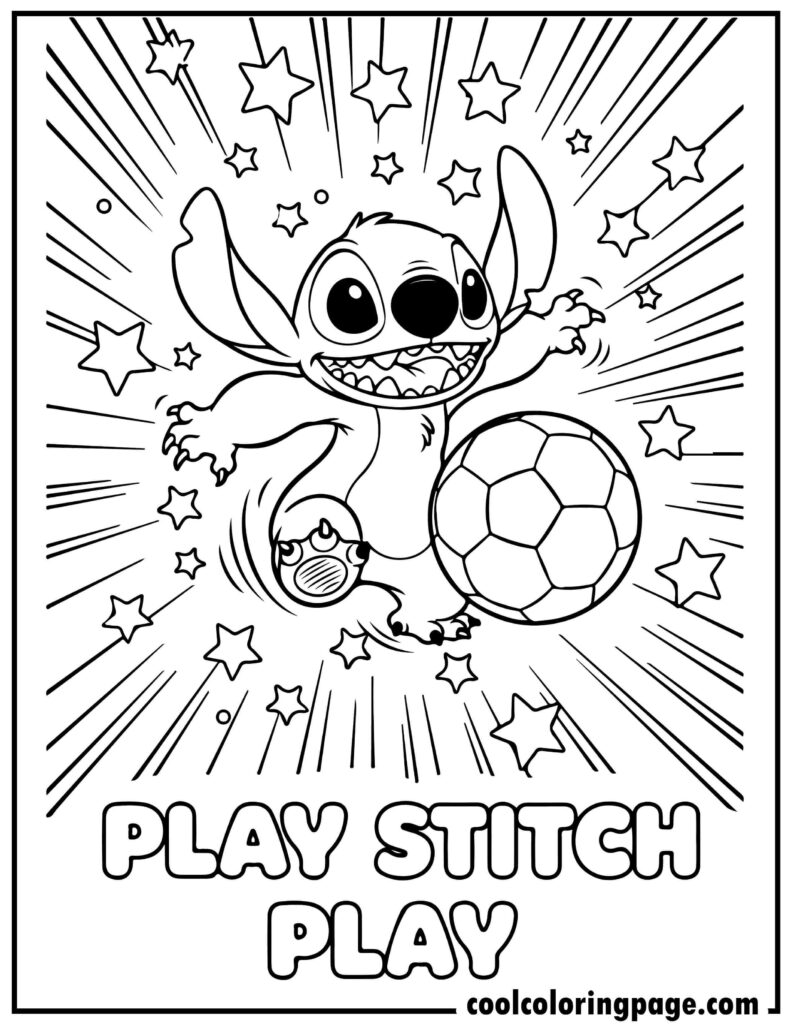 Stitch coloring pages showing Stitch playing with a ball, active stitch coloring page and printable stitch coloring pages.