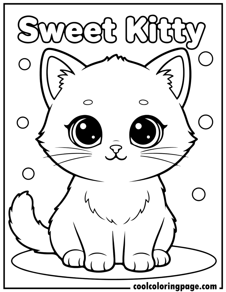Sweet kitty with big eyes in kitty cat coloring pages, kawaii kitty coloring pages and adorable kitten coloring pages.