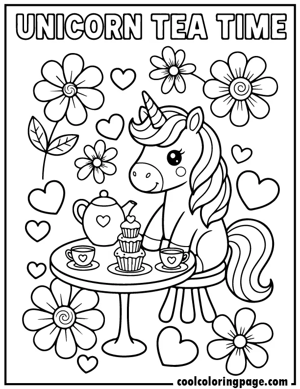 Unicorn coloring pages featuring a unicorn tea party, unicorn color page designed for kids.
