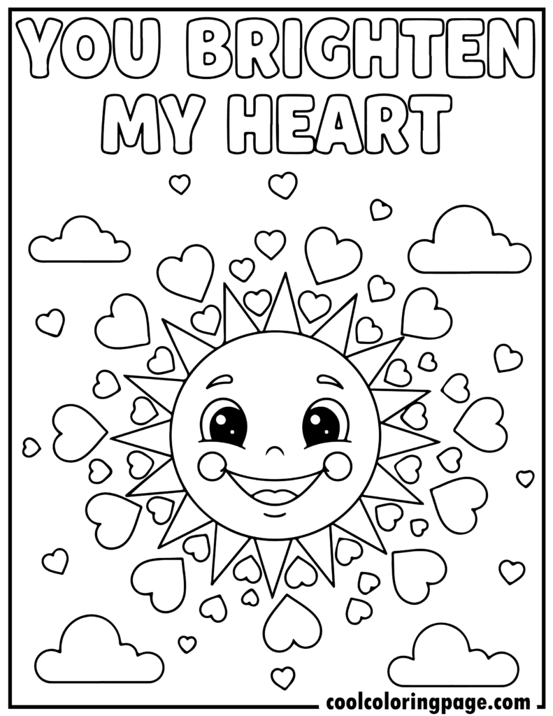 Valentine's Day coloring pages showing a smiling sun with heart rays, great for easy Valentines coloring pages and Valentines Day coloring pages for kids.