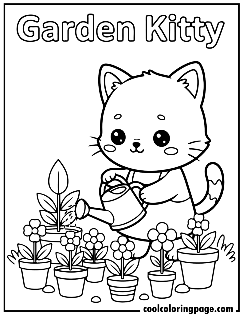 Cute cat coloring pages featuring a kitten watering plants, simple kitty cat coloring pages