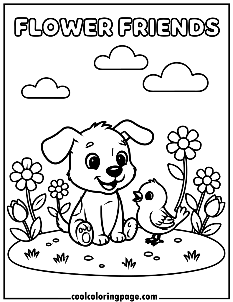 Dog man coloring pages featuring a dog and bird in a flower garden, free dog coloring pages