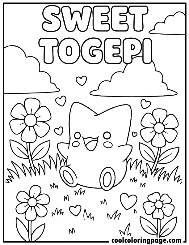 Printable pokemon coloring pages of Togepi sitting in a meadow, sweet pokemon coloring page printable for kids.