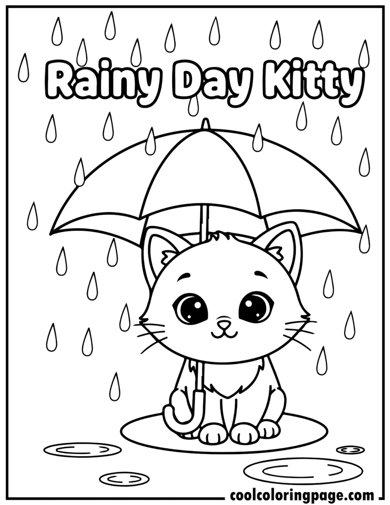 Rainy day kitty holding an umbrella in kitty cat coloring pages, simple kitten coloring pages with bold lines.