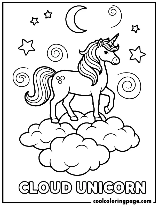 Unicorn coloring pages of a unicorn standing on clouds, coloring pages unicorn with soft simple lines.