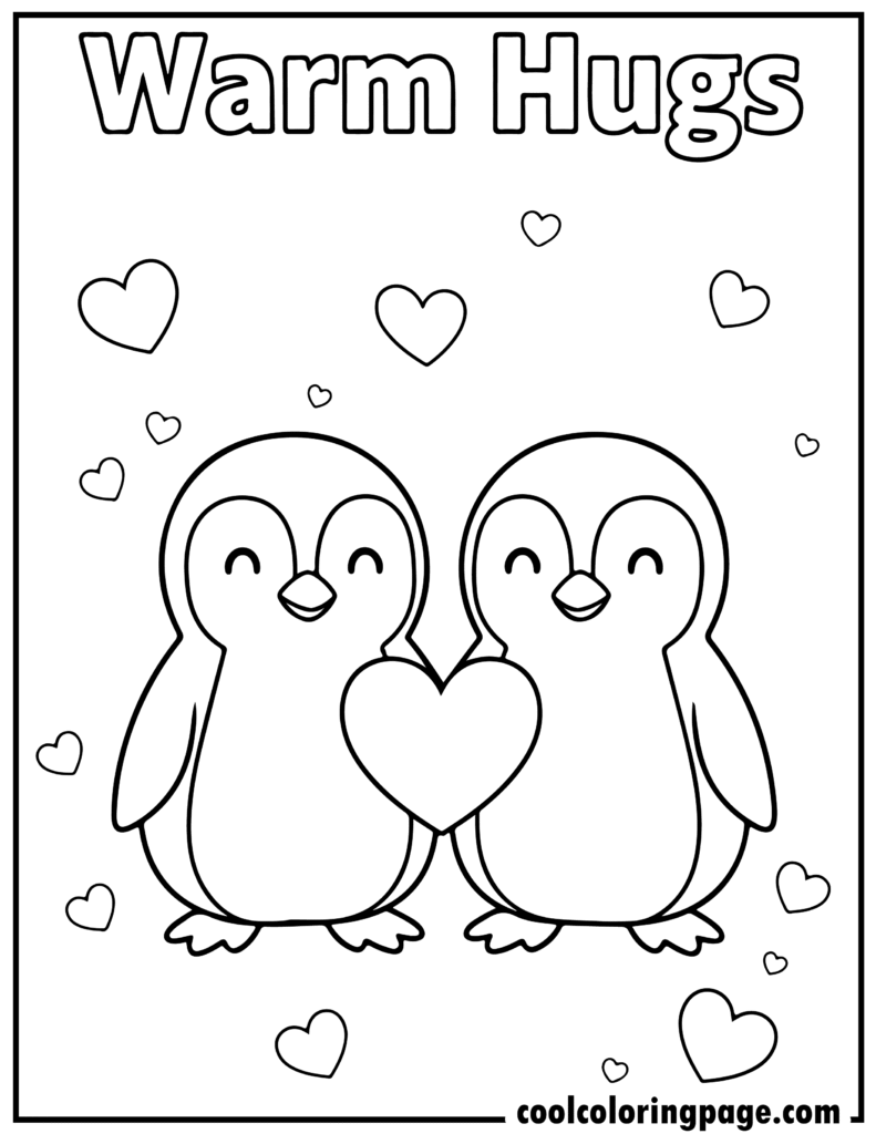 Valentine's Day coloring pages featuring two penguins in love, ideal for cute valentines day coloring pages and coloring pages valentines day.