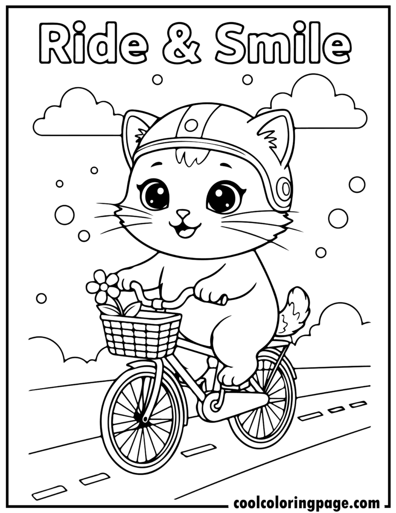 Cute cat coloring pages showing a kitten riding a bicycle with a basket, happy cat coloring page