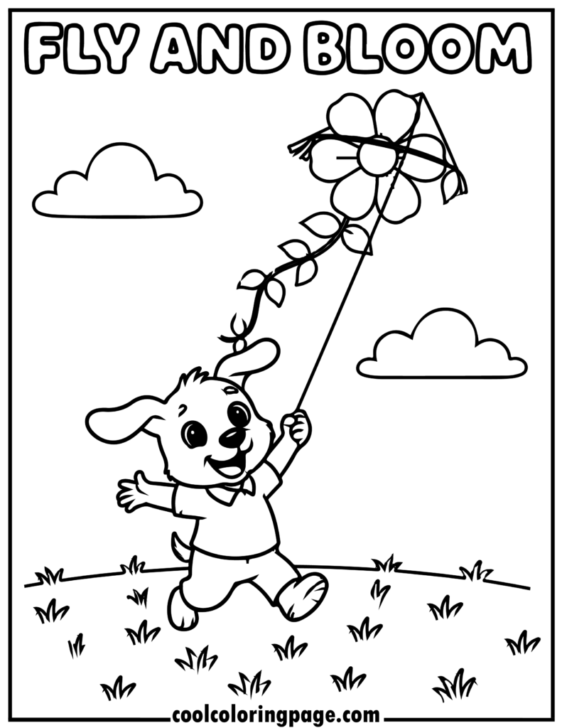 Dog man coloring pages of a dog flying a flower-shaped kite, printable dog coloring pages