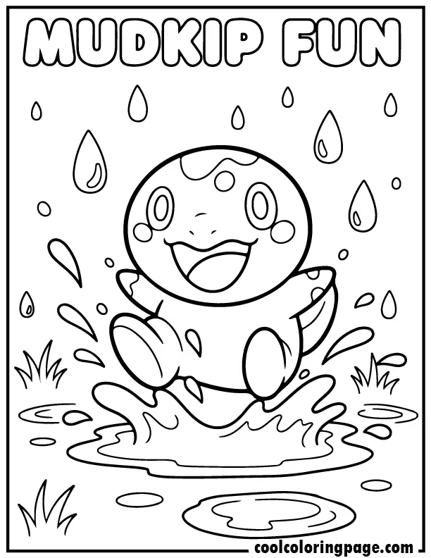 Printable pokemon coloring pages featuring Mudkip splashing water, fun pokemon pages to print and color.