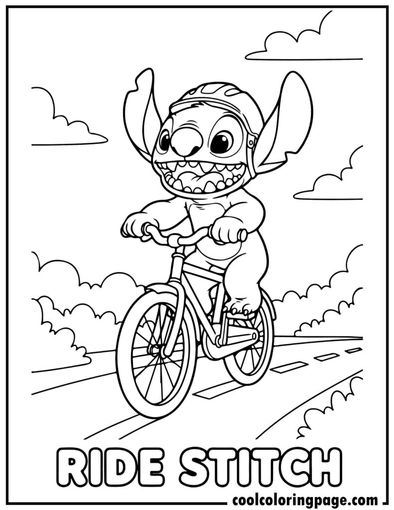 Stitch coloring pages showing Stitch riding a bike, fun stitch coloring page and coloring pages stitch.