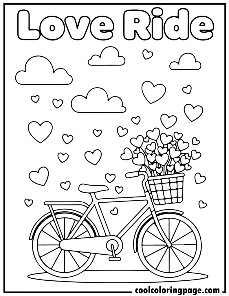 Valentine's Day coloring pages with a bicycle carrying heart baskets, perfect for printable Valentines coloring sheets PDF and valentines day coloring page designs.