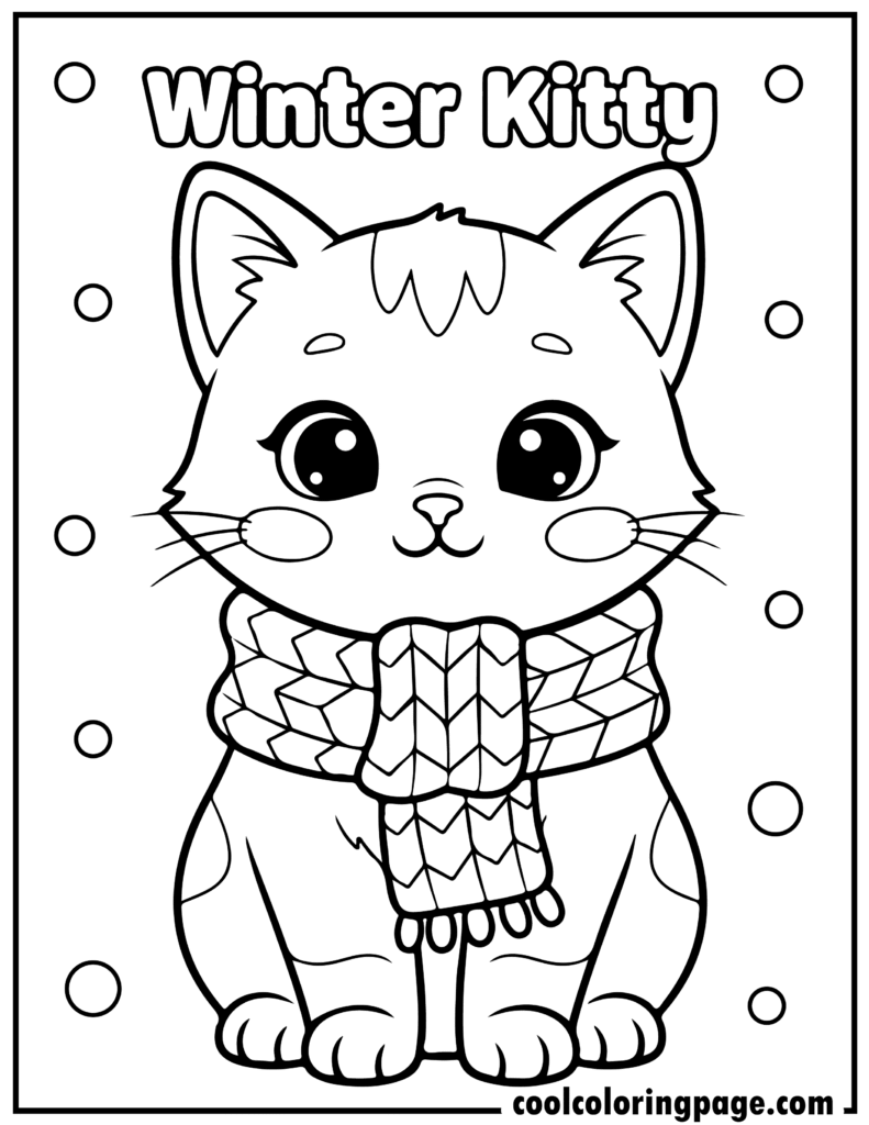 Winter kitty wearing a scarf in kitty cat coloring pages, baby kitty coloring pages and easy kitty coloring pages.