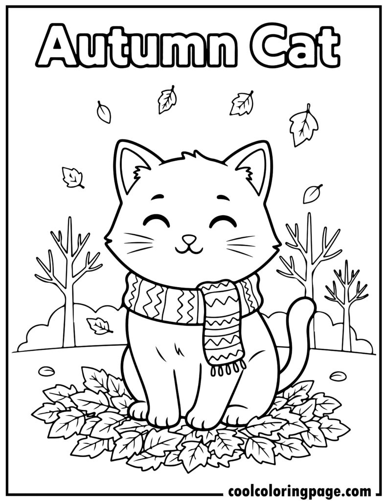 Cute cat coloring pages featuring a kitten wearing a scarf in autumn leaves, seasonal cat color page
