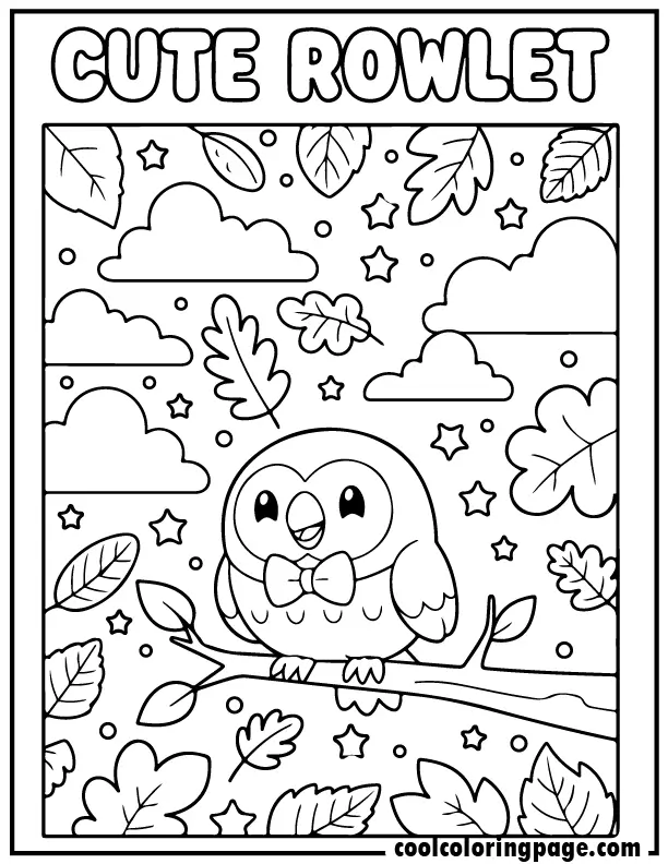 Printable pokemon coloring pages of Rowlet sitting on a branch, simple pokemon coloring pages printable with nature theme.