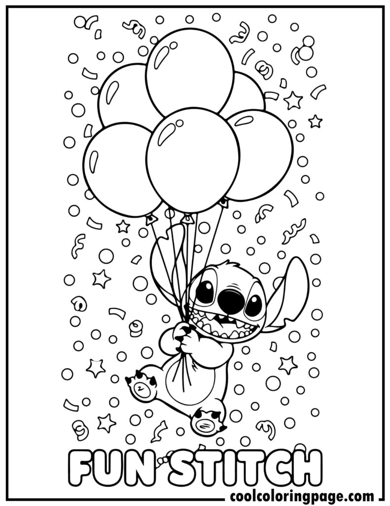 Stitch coloring pages with Stitch holding balloons, cheerful printable stitch coloring pages and coloring pages of stitch.
