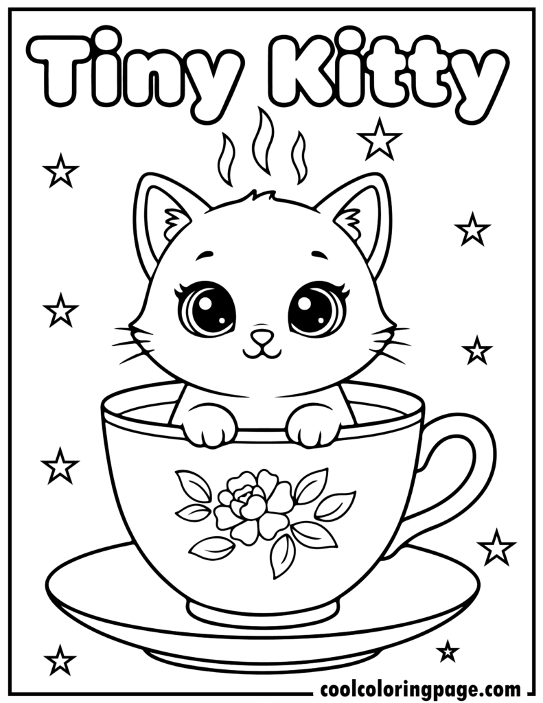 Tiny kitty sitting inside a teacup in kitty cat coloring pages, cute kitty cat coloring pages for kids.