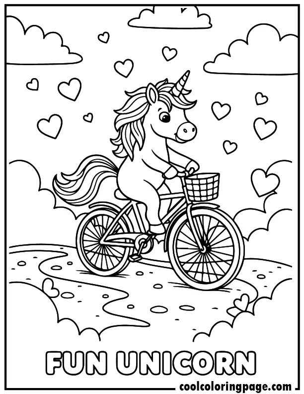 Unicorn coloring pages featuring a unicorn riding a bicycle, cute unicorn coloring pages for children.