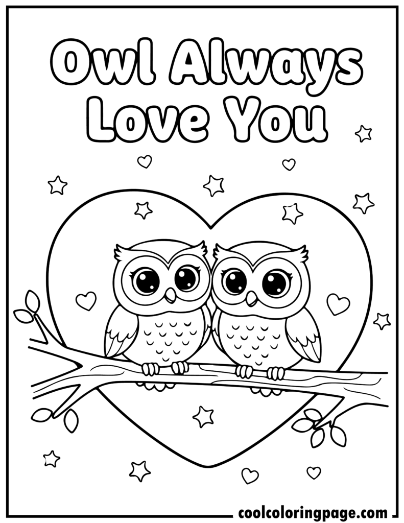 Valentine's Day coloring pages featuring cute owls on a heart branch, suitable for cute coloring pages for valentines day and Valentines Day coloring pages for kids.
