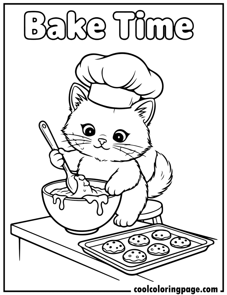 Cute cat coloring pages showing a kitten baking cookies in a kitchen, creative coloring page cat