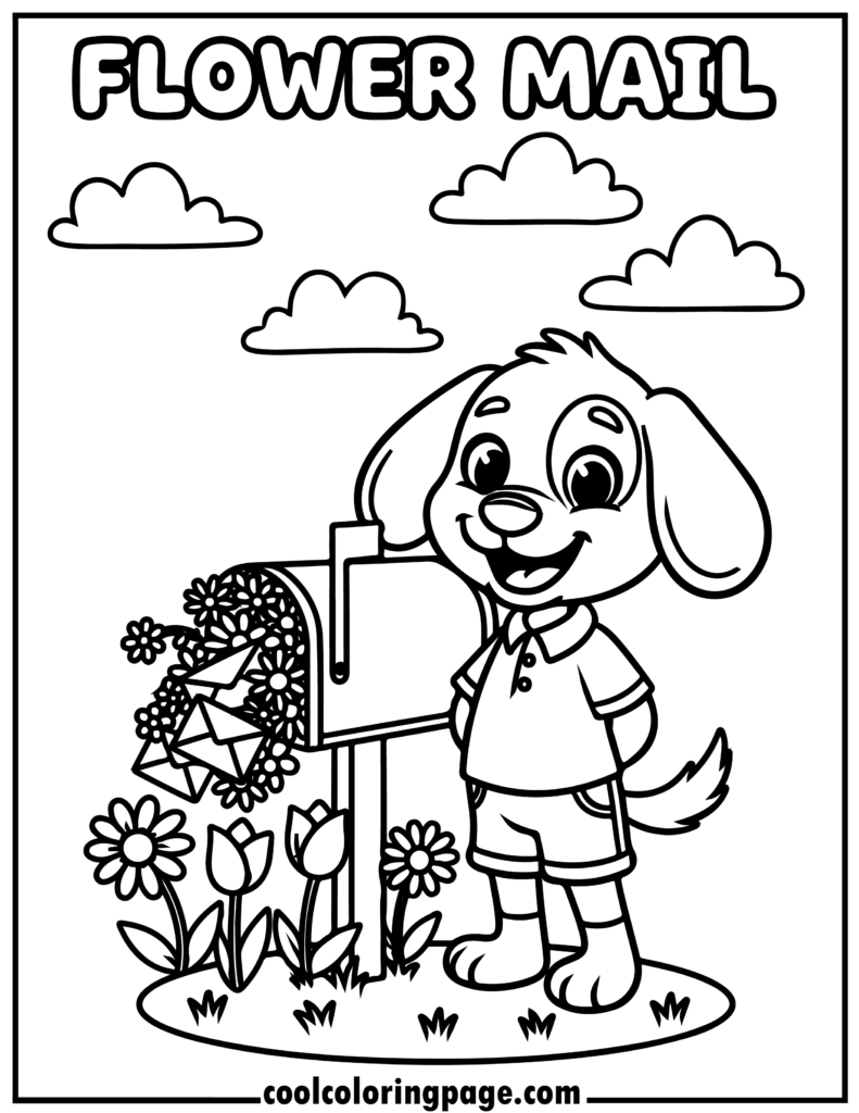 Dog man coloring pages featuring a dog next to a flower mailbox, cute dog coloring pages