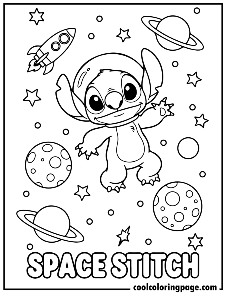 Stitch coloring pages featuring Stitch in space, space-themed stitch coloring page and printable stitch coloring pages.