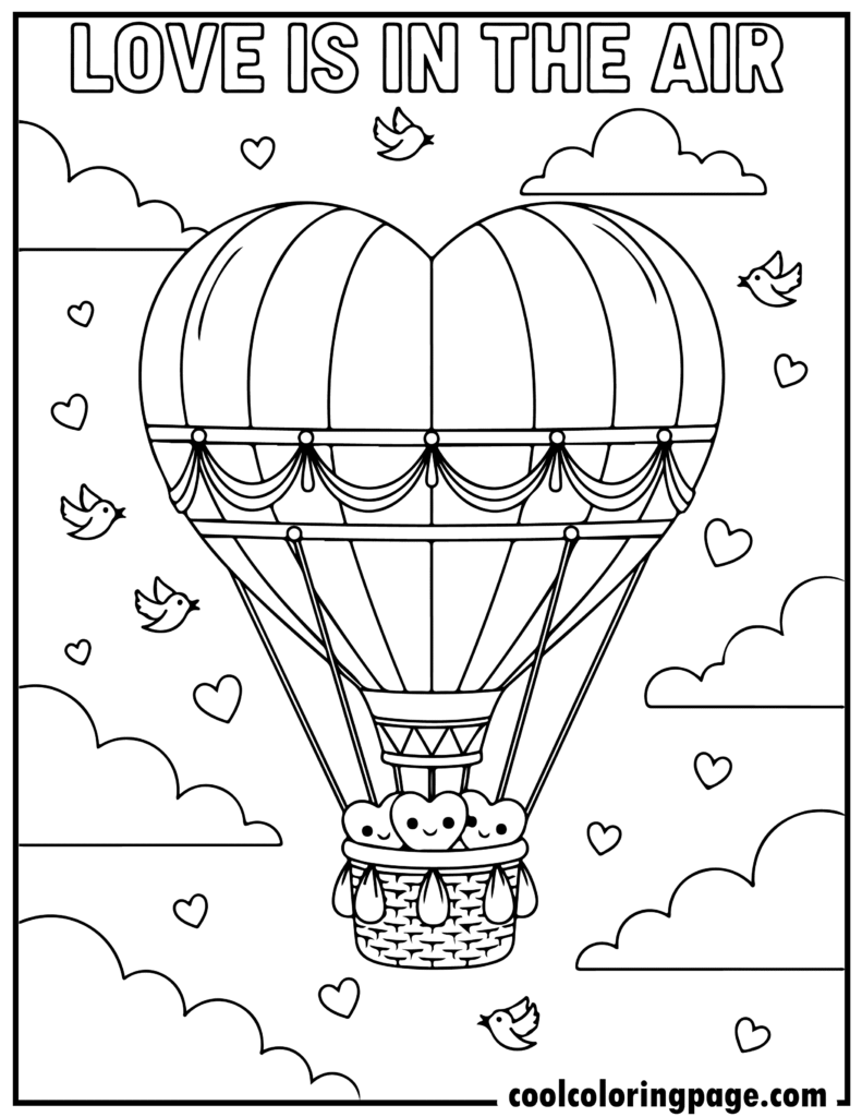Valentine's Day coloring pages showing a heart-shaped hot air balloon, ideal for cute heart coloring pages and Valentines day color pages.