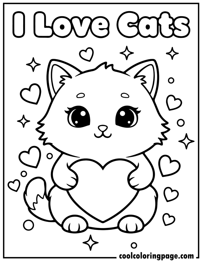 Cute cat coloring pages featuring a kitten holding a heart, lovely kitty cat coloring pages