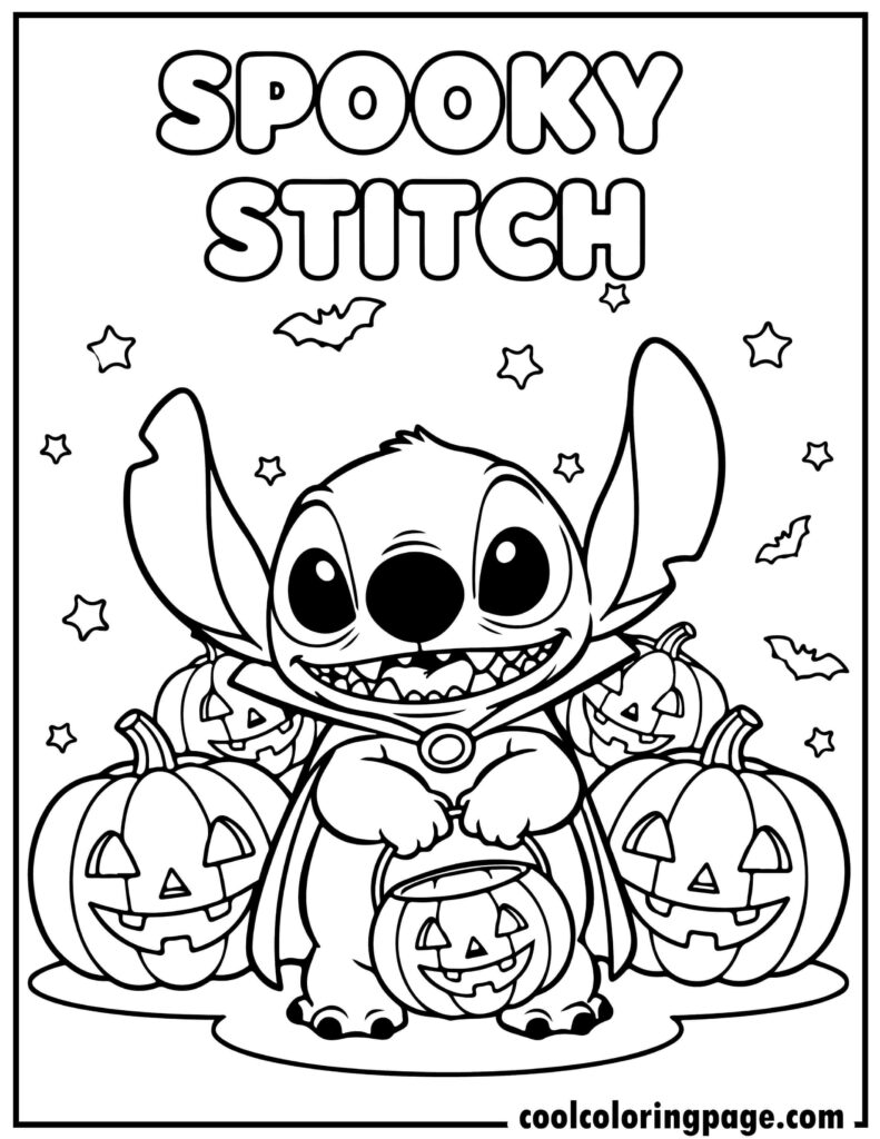 Stitch coloring pages showing Stitch in a Halloween costume, spooky coloring pages stitch and stitch coloring pages printable.