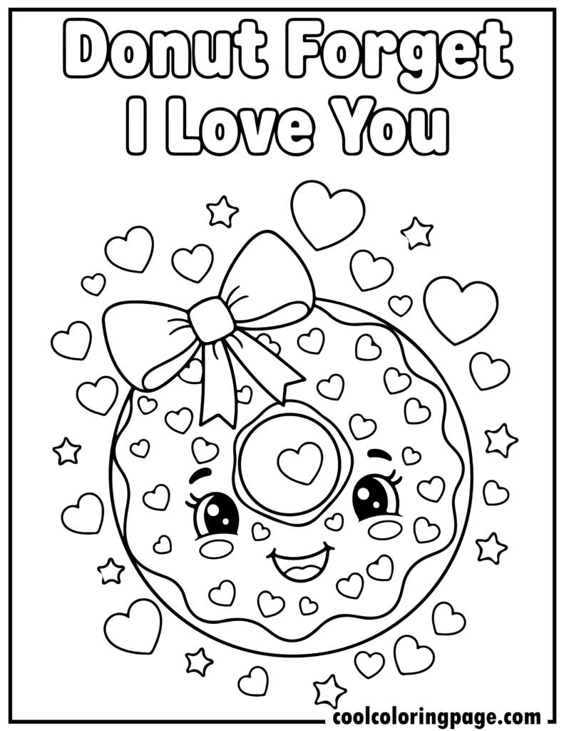 Valentine's Day coloring pages featuring a smiling donut with hearts, perfect for cute valentines day coloring pages and easy Valentines coloring pages.