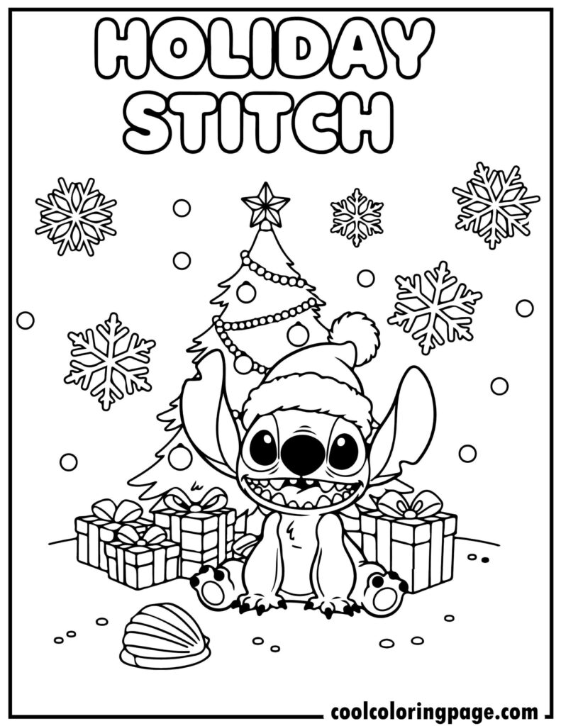 Stitch coloring pages featuring Stitch in a Christmas scene, holiday stitch coloring page and coloring pages of stitch.